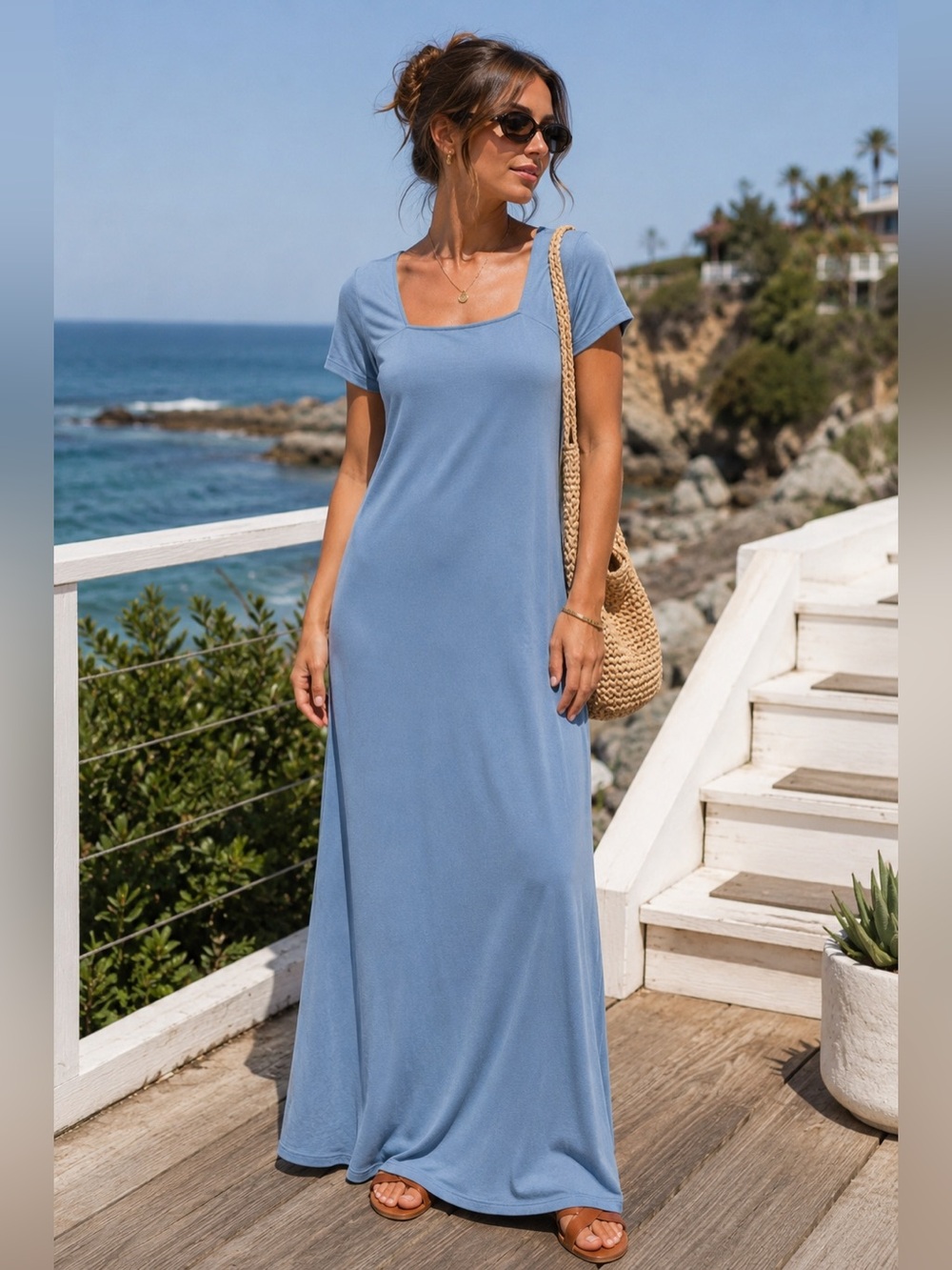 Bobeau Blue Square Neck Maxi Dress S Travel Vacation Beach